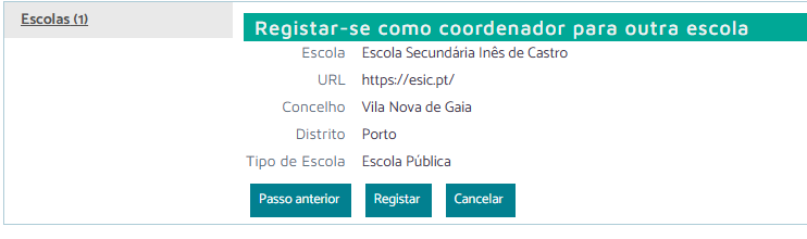 Confirmação do registo para outra escola, com os botões «Passo anterior», «Registar» e «Cancelar»