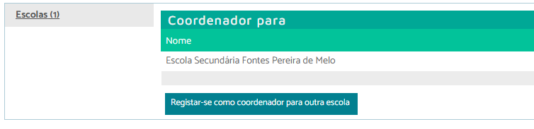 Página «Conta», com a lista das escolas e o botão «Registar-se como coordenador para outra escola»